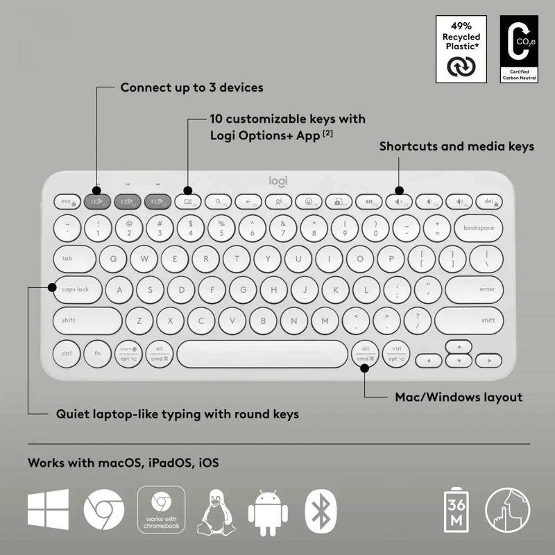 لوجيتك لوحة مفاتيح بلوتوث عالمية QWERTY أمريكية دولية بيضاء