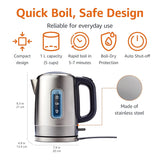 Amazon Basics Electric Stainless Steel Kettle for Tea and Coffee, BPA-Free, Fast Boiling, Auto Shut-Off, 1.1 Quarts, 1500W, Black and Silver