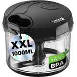 LEBENLANG Hachoir manuel legume & coupe oignon - Noir 1L mixeur manuel & BPA-Free I Moulinette manuelle Hachoir ail vegetable chopper Mini-robots et hachoirs a ficelle Eminceur legumes main 3 lames